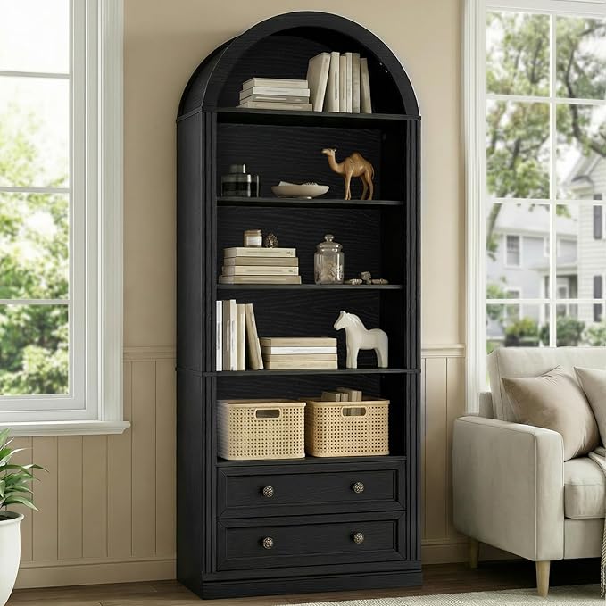 RALGEND Farmhouse Arched Bookshelf, 7 Tiers Arch Bookcase with 2 Spacious Drawers, Modern Book Shelf with Open Display Shelves and Storage Cabinet, for Office, Living Room, Kitchen, Black