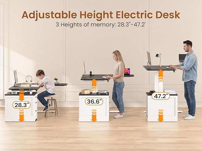 SEDETA Farmhouse L Shaped Electric Standing Desk, 70.9" x 39.4" Height Adjustable Office Executive Desk with 3 Drawers, Standing Computer Desks with Power Outlet for Home Office, White