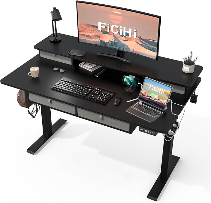 FiCiHi Adjustable Height Standing Desk with 4 Drawers,48 x 30 inches Electric Sit Stand Home Office Desk with Two Tiers, 3 Memory Presets, Monitor Stand Riser, USB A/C Charging Port