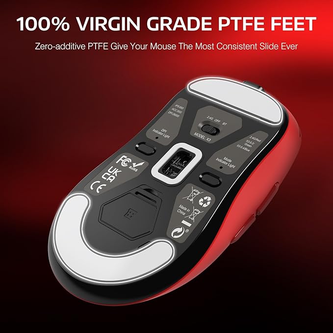 ATTACK SHARK X3 Lightweight Wireless Gaming Mouse with Tri-Mode 2.4G/USB-C Wired/Bluetooth,26K DPI, PAW3395 Optical Sensor,Kailh GM8.0 Switch,5 programmable Buttons for PC/Win/Mac(Red)