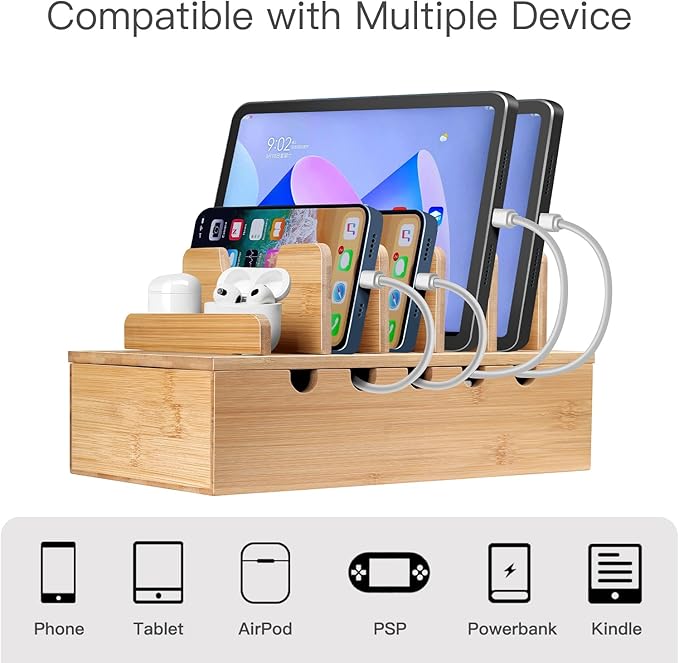 MINCORD Bamboo Charging Station for Multiple Devices, Cell Phone Docking Charging Station Organizer, Nightstand Bedside Desk Device Charger Organizer for Laptop, Tablets and iPads