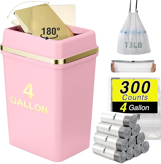 Bathroom Trash Can with Lid 4 Gallon Pink Trash Can Bedroom Trash Can Small Garbage Can with 300 Counts Trash Bags for Small Bathroom Bedroom Office