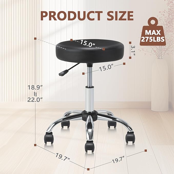 KLASIKA Set of 2 Round Rolling Stool Swivel with Wheels Adjustable Height Heavy Duty Wide Seat Drafting Stool Chair for Office Salon Massage Spa Medical Tattoo Beauty 2 Pack