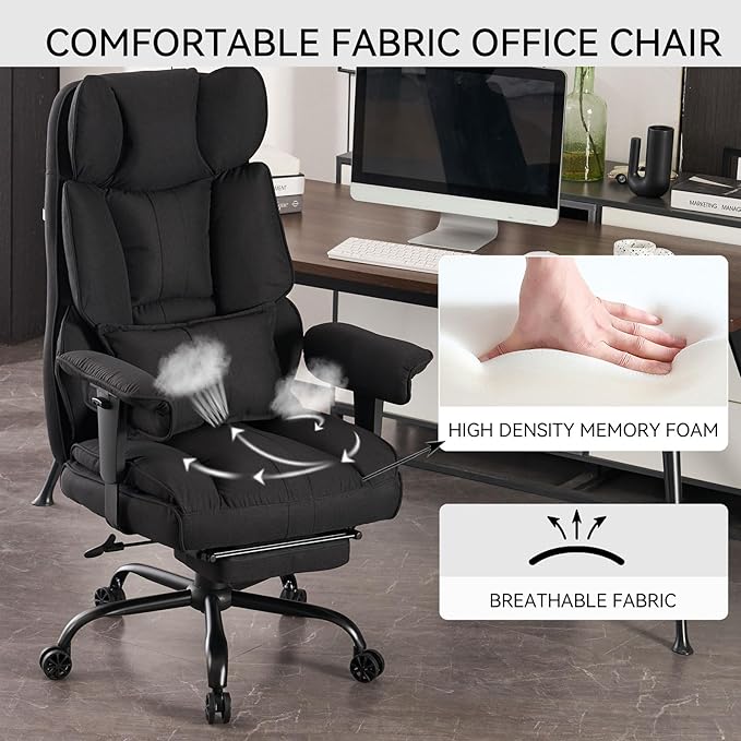 Efomao Big and Tall Office Chair 400 lb Weight Capacity, High Back Executive Office Chair with Foot Rest, Fabric Computer Chair for Back Pain Relief, Black