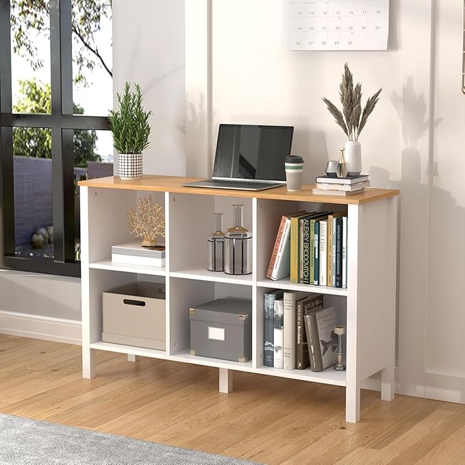 6-Cube Bookcase, Farmhouse Wooden Bookshelf Low Storage Organizer, 45" Horizontal White Console with Legs, Hallway Book Case for Entryway, Display Cabinet for Living Room (White, 6-Cube)