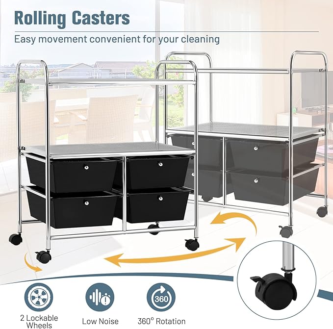 Moccha Rolling Storage Cart with 4 Drawers - Storage Drawers Organizer with wheels for Craft Art Supply Paper Salon, Scrapbook Paper Tools, Movable Utility Cart for Classroom School Studio, Black
