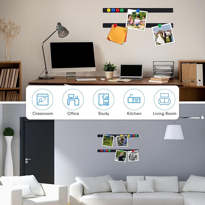 Mooliwe 6 Pieces 36 Inch Frameless Magnetic Stainless Iron Board Strips Bulletin Bar Magnetic Wall Board Memo Strip Set with 48 Pieces Colorful Magnets for School Office Home (Black)