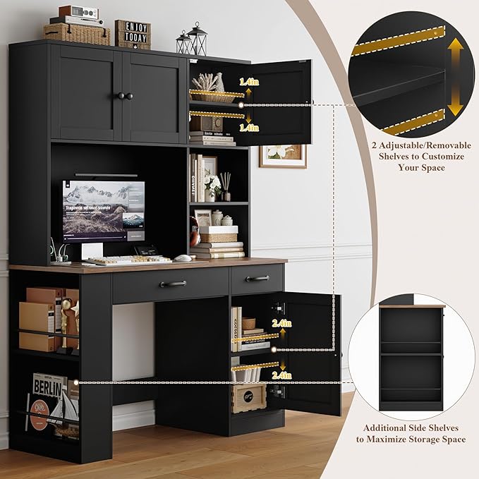 Keyluv 71" Tall Computer Desk with Hutch Cabinet, Home Office Desk with Storage Drawers Shelves and Side Rack, Wood Executive Desk with Doors, Outlet Station and Smart LED Lights, Black