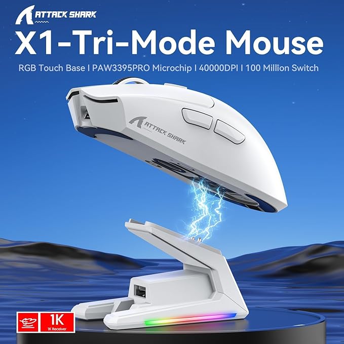 ATTACK SHARK X1 Superlight Wireless Gaming Mouse with RGB Magnetic Charging Dock, BT/2.4G Wireless/Wired Gaming Mouse, PAW3395PRO Gaming Sensor, 40000DPI, 53g Office Mice for PC/Mac/Win/Xbox (White)
