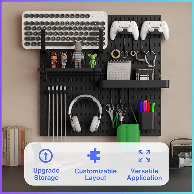 Keepo Peg Board Wall Organizer for Gaming Setup, Pegboard with Adhesives & Screw Mounts, Includes Peg Board Accessories for Gaming Accessories, Tech Storage & Office Organization (Black, 22″×22″)