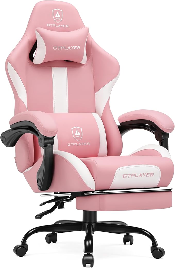 GTPLAYER Gaming Chair with Foot Rest & Pocket Spring Cushion, Ergonomic High Back Computer Chair with Headrest & 360°-Swivel Seat for Home Office Desk, PU Leather, Pink