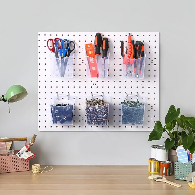 Reallnaive 6 Pack Pegboard Bins with Hooks - Translucent Pegboard Organizer Wall Containers - Kitchen, Office, Garage, Workshop, Bathroom