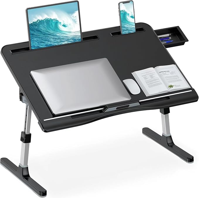 HETTHI Laptop Stand for Bed, Adjustable Leather Bed Desk with Foldable Legs, X-Large Laptop Bed Table Tray with Drawer for Bed Couch Floor Writing Working Reading Eating Painting (Black, 23.6"×15.7")