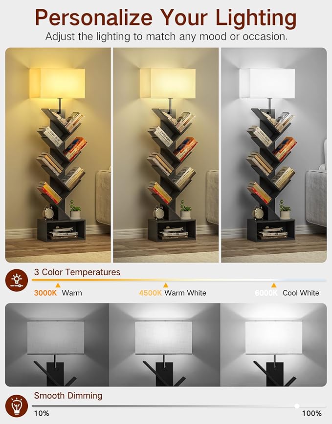 6 Tier Tree Bookshelf with Light, Remote & Timer, Modern Tall Floor Standing Book Shelf, Narrow Wood Bookcase, Small Book Organizer Shelves for Living Room, Bedroom, Office (Black)