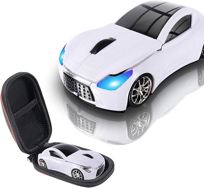 elec Space Wireless Mini Mouse with Case - Cute Sports Car Shape, Lightweight & Portable, 10m Range, Plug and Play (White)