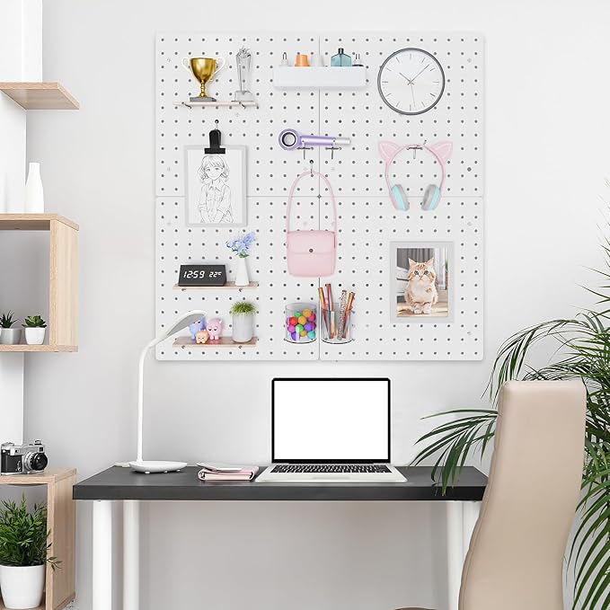 FZK Peg Board, 25pcs PegBoard Wall Organizer, 12in*12in, Includes 4 White Pegboard and Accessories, Plastic Pegboard for Room, Office, Craft Room, Kitchen and Bathroom
