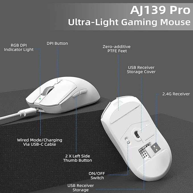 A.JAZZ AJ139 G Pro Wireless Gaming Mouse Ultra-lightweight 59g with Dual Mode-Type C Wired/2.4Ghz USB Receiver up to 26000DPI 6 Programmable Button Ergonomic Symmetric for PS4 XBox PC Mac Gamer(White)