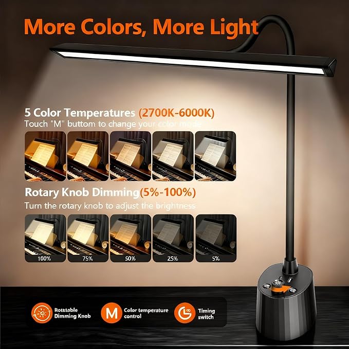 Piano Light - LED Piano Lamp for Grand/Upright/Digital Pianos - Adjustable Piano Light Desk Lamp with Flexible Gooseneck, 5 Color Modes, Dimmable & USB Charging Port Eye-Care for Home Office Bedroom