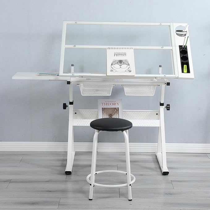 Adjustable Tempered Glass Drafting Table, 0-75° Tilting Art Desk with Multi-Storage Drawers & Trays, Height Adjustable 27.1"-35.8" Drawing Table with Chair, White
