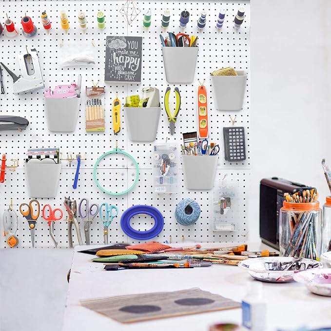 G.CORE Large Pegboard Cups Peg Board Storage Bin 6 Pack with Hooks, Square Box Shape Pegboard Cup Holder Accessories for Garage Workbench/Craft Room/Office/Playroom/Home Kitchen Organization (Grey)