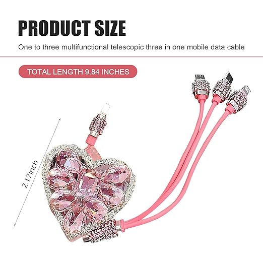 Multi Charging Cable, 3 in 1 Retractable Car Charger, Fast Charging Data Car Cable with Type-C/Lightning/Micro USB Connectors, Universal for Mobile Devices (Pink)