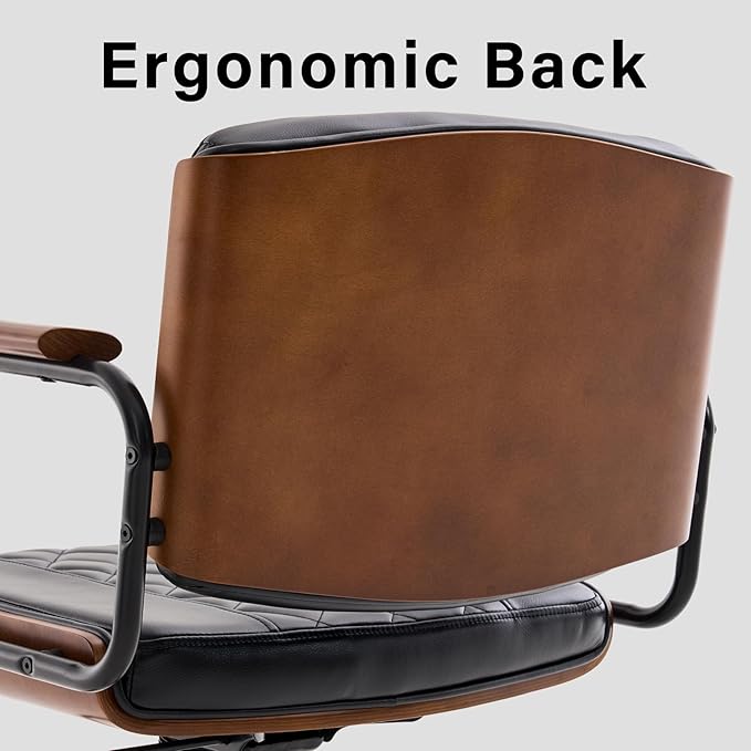 Home Office Desk Chair with Rubber Wheels, Adjustable Height Office Chair with Arms, Leather Mid Back 360° Small Computer Chair, Modern Walnut Chair for Office, Reading Meeting Room (Black)