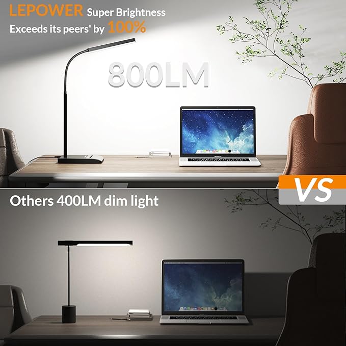 LEPOWER Desk Lamp, 800LM LED for Home Office, 12W Reading for Desk, Eye-Caring Light, Touch Table Gooseneck Lamp, 50 Lighting Modes, Bright for Bedroom, Study (Black)