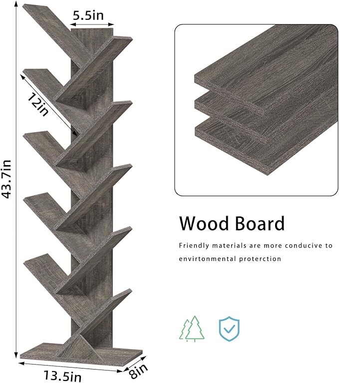 SHEEPAM 10 Tier Tree Book Shelf, Floor Standing Wood Bookshelf for Narrow Space, Storage Organizer Bookshelves for Books/CDs/Magazine, Bookcase with Shelves for Home Office, Living Room - Light Grey