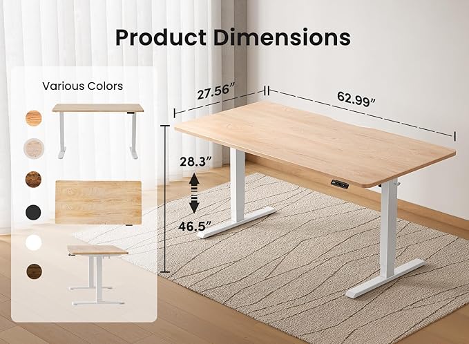 BANTI 63 × 28 Inches Standing Desk, Ergonomic, Electric Height Adjustable, Sit and Stand Up, Computer Desk with a Deeper Desktop, White Frame/Maple Top