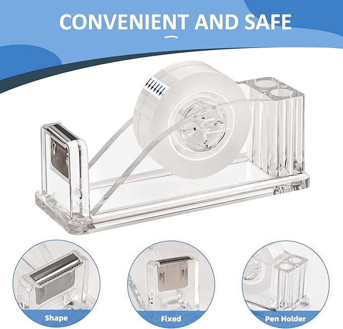 Transparent Acrylic Tape Dispenser, Non-Skid Tape Cutter Holder, Clear Tape Dispensers Bulk for Desk, Office, Home, School