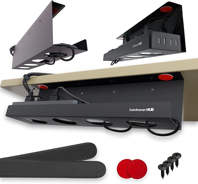 Under Desk Cable Management Tray - No Drill Organizer for Glass Desk. Perfect Standing Cable Management Rack (Black Wire Tray - Single 17'')
