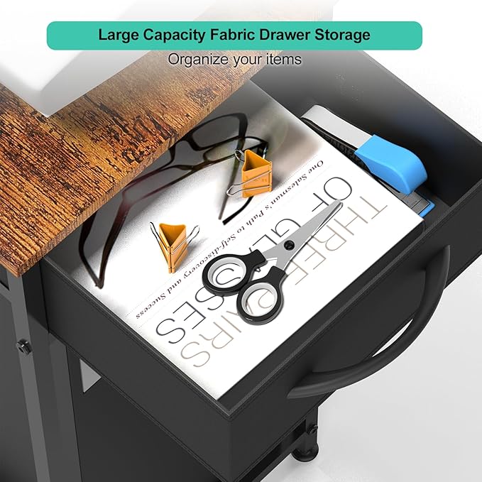 Computer Tower Stand PC Tower Stand with Storage Drawer 2 Tier Wood Rolling CPU Holder Stand Mobile Printer Cart on Wheels for Home Office, Industiral Brown and Black