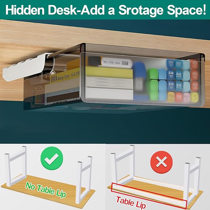 SVNNELP Under Desk Table Drawer Storage Organizer, Slide Out Drawer with 4 Compartments Divider,Pencil Storage Self-Adhesive Tray Under Table (M/Clear Black+White)