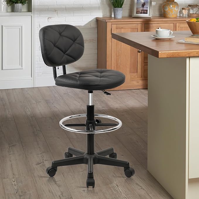KLASIKA PU Leather Rolling Stools with Foot Rest and Back Support, Adjustable Diamond Upholstered Drafting Chair with Wheels, Multi-Purpose Desk Chair for Home Office Bar Kitchen Shop, Black (2PK)
