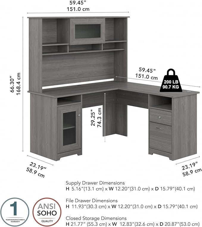 Bush Home Cabot L Shaped Desk with Hutch, Corner Desk with Storage for Home Office in Modern Gray, 60W L Shaped Computer Desk