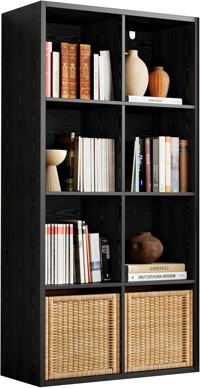 IROCNK Bookshelf, 8-Cube Storage Cube Shelf Organizer, Extra Thick Frame Horizontally & Vertically Reversible Bookcase with Open for Living Room, Bedroom, Home Office, Black
