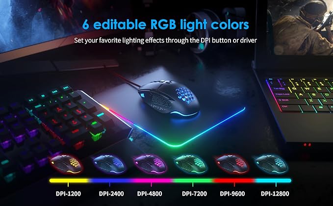 C309 Wired Gaming Mouse, RGB Gaming Mouse with Side Buttons, High-Precision Adjustable 12800 DPI, Adjustable Weights, 6 Programmable Buttons, Gaming Mice Ergonomic Computer Mouse (C303-12800 DPI)
