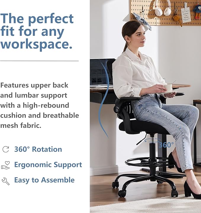 DUMOS Drafting Chair with Flip-up Arms, Tall Office Standing Desk Chair with 360° Rolling Chair, Counter Height Adjustable Ergonomic Mesh Computer Chair, New Black