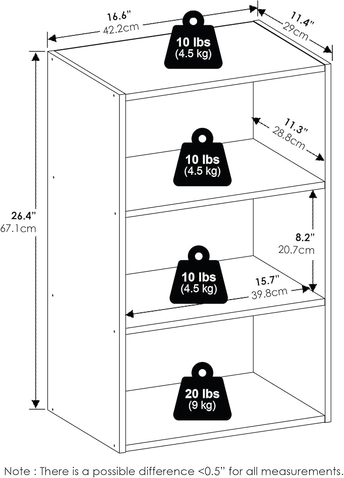 Furinno Basic Book Shelf, 3-Tier Bookshelf, Storage Organizer Bookcase with Open Shelf, 11 x 17 x 26, for Living Room, Bedroom, Home Office, White