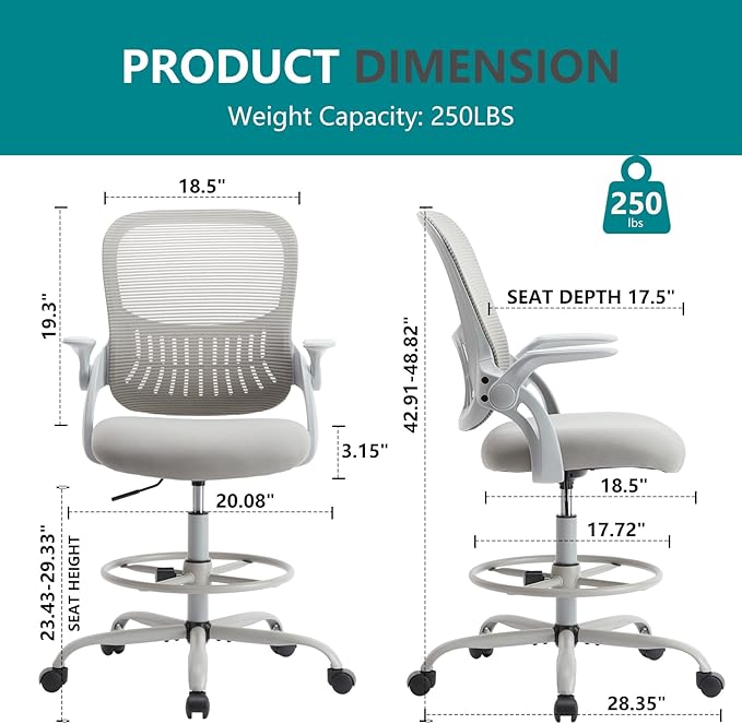 DUMOS Drafting Chair for Standing Desk, Counter Height Adjustable, Flip-up Arms, Ergonomic Mid Back Mesh Rolling Work Swivel Office Computer Chairs with Wheels, Grey