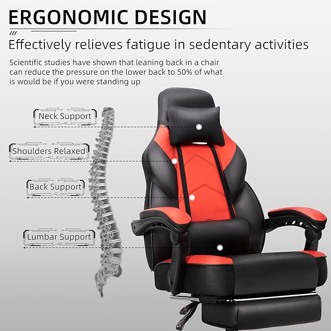 Shintenchi Gaming Chair with Footrest, Massage Lumbar Support, Height Adjustment, and 360° Swivel Seat. Ergonomic Design for Gaming