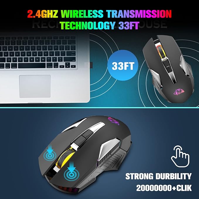 FELICON Wrieless Gaming Mouse, Silent Rechargeable Optical Sensor 3 Level DPI Computer Mice, Computer Wrieless Mouse with 7 Color LED Light for Windows/Mac/Linux/PC/Laptop(Black)