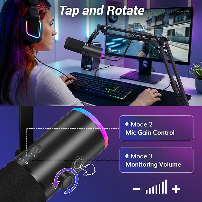 TONOR Dynamic Gaming Microphone, XLR/USB Mic Streaming, AI Noise Cancellation, Controlable RGB, Tap Mute, 3.5mm Headphone Jack, Volume Control, Microfono with Boom Arm, Black, TD510 AIR S H+