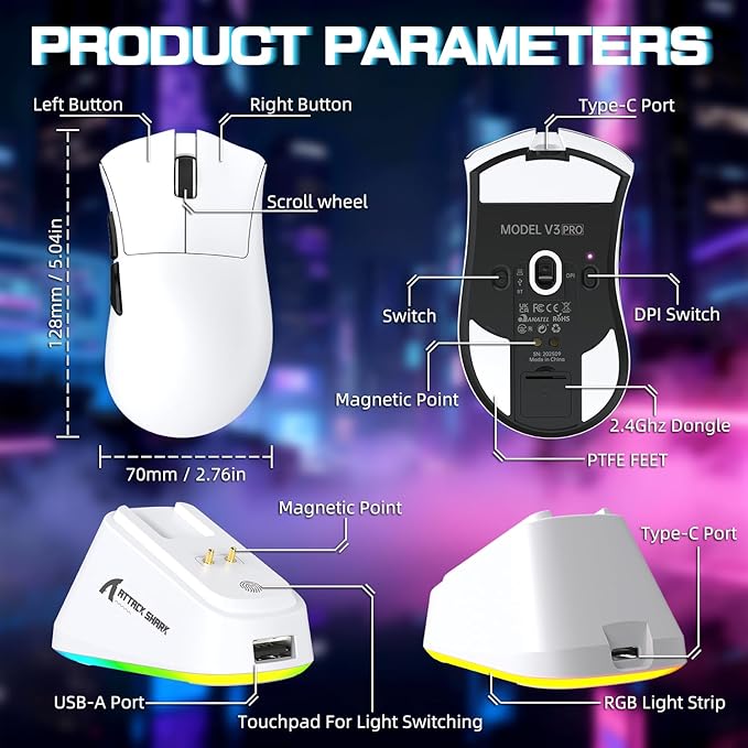 ATTACK SHARK V3 PRO Wireless Esports Gaming Mouse with Magnetic Charging Dock:62g Lightweight-1K Polling-25K DPI-PAW3311 Sensor,Wired/BT/2.4Ghz Programmable,BK52820 IC for PC Mac Laptop Gamer(White)