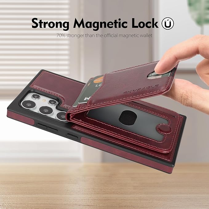 SkyEagle Compatible with Magsafe 2 in 1 Detachable Samsung Galaxy S25 Ultra Wallet Case with Card Holder,Women Men Magnetic PU Leather RFID Blocking Flip Kickstand Credit Slots,Wine Red