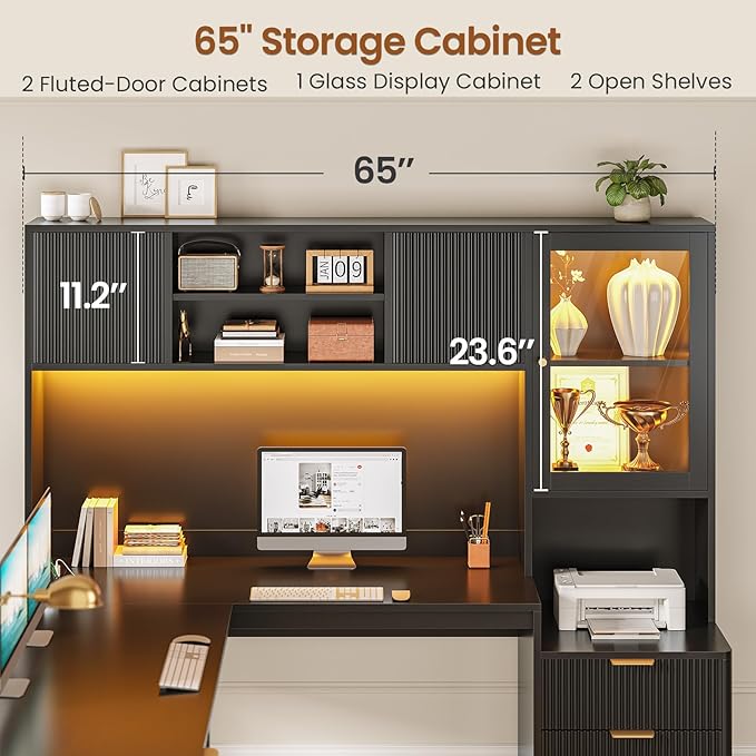 SEDETA 67" x 65" L Shaped Desk with Hutch, RGB LED Corner Computer Desk with Power Outlets, Fluted Home Office Desk with File Drawer, Storage & Glass Display Cabinets for Gaming & Working, Black