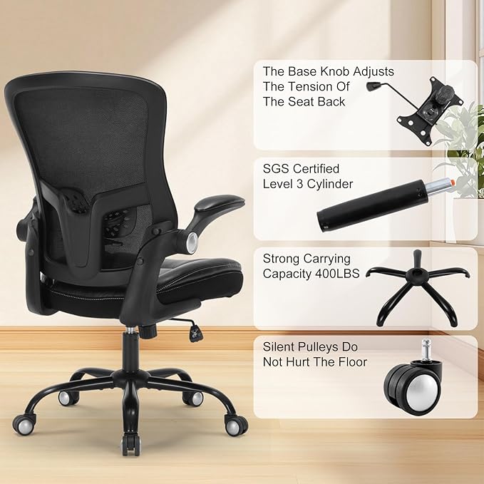 Ergonomic Office Chair, PU Leather Ergonomic Desk Chair with Mesh Back Adjustable Lumbar Support Home Gmaing Desk Chair with Wheels and Flip-Up Armrests, 360°Swivel, Tilt Lock and Wide Cushion-400LBS