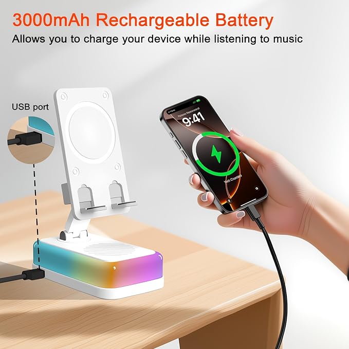 Wireless Induction Bluetooth Speaker with 360° Rotating Phone Stand, 3000mAh Large Battery, 5 in 1 Portable Cell Phone Holder with RGB Light & Emergency Charger, Tech Gifts for Men Women, (White)