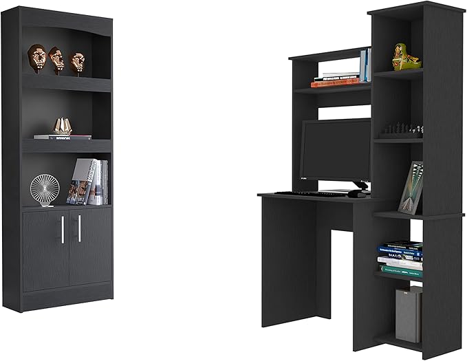 LIFE SKY Office Desk & Chair Set: Modern Wood Computer Desk with Bookshelf & Mesh Back Chair - Home Office Furniture for Small Spaces & Remote Workers