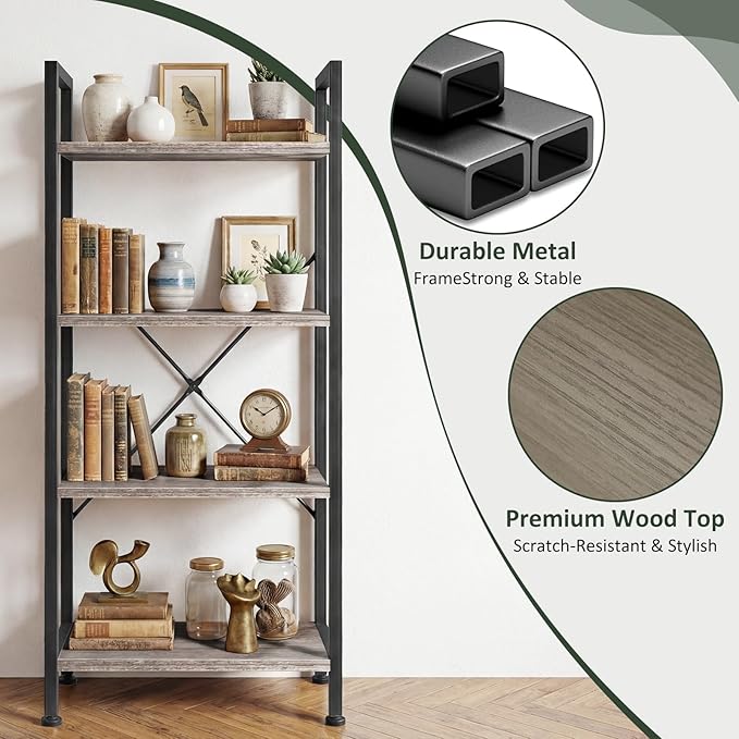 4 Tier Bookshelf, Free Standing Wooden Bookcase with Open Storage Shelves with Metal Frame, Sturdy Shelf Organization Display Rack for Living Room, Bedroom, Home Office, 39.4" Tall, Grey